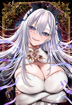 1girl arms_under_breasts black_jacket blue_eyes breasts cleavage commentary crossed_arms facial_mark fingernails hair_between_eyes head_tilt highres horizontal_pupils indie_virtual_youtuber jacket jacket_on_shoulders large_breasts light_blush long_fingernails long_hair looking_at_viewer m_(1n910) mark_under_eye mole mole_under_mouth monster_girl nail_polish open_mouth pink_pupils pochimaru_(vtuber) red_nails slit_pupils smile solo upper_body virtual_youtuber white_hair