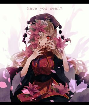 1girl aura black_dress brown_hair commentary_request dalachi_(headdress) dress fingernails flower full_body hair_flower hair_ornament junko_(touhou) letterboxed long_hair looking_at_viewer one-hour_drawing_challenge pink_flower red_eyes red_nails red_tabard shinjitsu_no_kuchi solo tabard touhou white_background