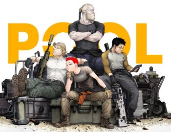 1girl 2boys baseball_cap beard belt black_gloves black_hair black_shirt black_shoes blonde_hair boots breasts brown_belt brown_boots brown_gloves brown_hat character_request clothes_around_waist commentary copyright_name crossed_arms crossed_legs eyelashes facial_hair fingerless_gloves gloves green_pants grey_eyes grey_pants grey_shirt gun hand_on_own_knee hat head_rest highres long_sleeves multiple_boys muscular muscular_male official_artist_extra oishi_yugi pants red_hair sakurai_gamon shirt shoes short_hair short_sleeves simple_background sitting the_pool very_short_hair watch weapon white_background white_shirt wristwatch