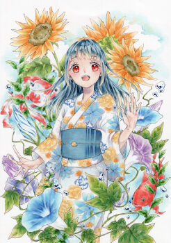 1girl absurdres blue_hair check_commentary commentary commentary_request fish floral_print floral_print_kimono flower highres hyaku_toori japanese_clothes kimono koi long_hair looking_at_viewer marker_(medium) nature obi open_mouth original print_kimono sash smile solo sunflower tagme traditional_media waving