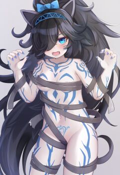 Rule 34 | 1girl, absurdres, animal ears, black hair, blue eyes, body markings, breasts, cat ears, cat girl, claw pose, dark kasli (nyanko daisensou), fangs, hair over one eye, hairband, highres, kasli (nyanko daisensou), long hair, looking at viewer, medium breasts, naked ribbon, navel, nekopurin (nyanko prin), nyanko daisensou, ponytail, pubic tattoo, ribbon, stomach, tattoo, very long hair