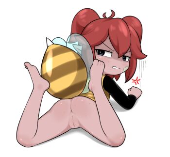 1girl anger_vein angry ass ass_freckles bandaid bandaid_on_cheek bandaid_on_face bee_costume beebz_(demon_turf) blue_eyes body_freckles bottomless cleft_of_venus demon_turf fake_wings feet feet_up female_focus freckles from_behind full_body hair_between_eyes half-closed_eyes highres insect_wings loli long_sleeves looking_back lying no_panties on_stomach parted_lips pointy_ears pussy red_hair shadow shino_(shinokani) simple_background solo spread_legs stinger toes twintails uncensored v-shaped_eyebrows white_background wings