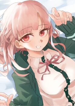 Rule 34 | 1girl, amaruru0723, breasts, brown hair, collared shirt, commentary request, danganronpa (series), danganronpa 2: goodbye despair, dress shirt, flipped hair, hair ornament, hands up, highres, hood, jacket, long sleeves, looking at viewer, medium hair, nanami chiaki, neck ribbon, open clothes, open jacket, pink eyes, pink ribbon, ribbon, shirt, smile, solo, two-tone shirt, white shirt