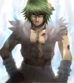 1boy aura black_gloves blood blood_on_face commentary_request cowboy_shot crop_top dog_tags fur-trimmed_shirt fur_trim gloves green_eyes green_hair gsm101 howard_alt-eisen looking_at_viewer male_focus open_clothes open_shirt pants ragnarok_online shirt short_hair sleeveless sleeveless_shirt solo v-shaped_eyebrows white_background white_pants white_shirt whitesmith_(ragnarok_online)