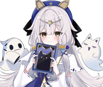 1girl animal_ears beret black_bow blue_hat blush book bow brown_eyes candy_hair_ornament center-flap_bangs closed_mouth detached_sleeves fake_animal_ears flipped_hair food-themed_hair_ornament ghost hair_flaps hair_ornament halloween halloween_costume hands_up hat hat_bow head_chain highres holding holding_book honkai_(series) honkai_impact_3rd jewelry long_hair long_sidelocks long_sleeves looking_at_viewer low-tied_sidelocks necklace official_alternate_costume paw_print paw_print_pattern pendant portrait print_hat serapeum_(honkai_impact) sidelocks simple_background smile solo straight-on tdatnst two-handed white_background white_hair white_sleeves wide_sleeves x_hair_ornament