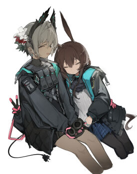 2girls :d ^_^ absurdres amiya_(arknights) animal_ears arknights ascot black_ascot black_gloves black_jacket black_pantyhose blue_skirt chinese_commentary closed_eyes commentary_request cropped_legs dark-skinned_female dark_skin earrings electric_plug electric_plug_tail extra_arms gloves grey_hair hair_between_eyes hair_intakes hand_on_another's_hip headphones highres holding holding_headphones invisible_chair jacket jewelry leaning leaning_on_person long_sleeves maochibuqihuyu multiple_girls open_clothes open_jacket open_mouth pantyhose parted_lips pink_gloves pouch raidian_(arknights) ribbed_shirt shirt short_hair simple_background sitting skirt smile tail v white_background white_shirt