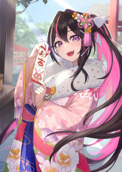 Rule 34 | 1girl, :d, asymmetrical sidelocks, azki (hololive), azki (new year) (hololive), black hair, colored inner hair, commentary, commentary request, day, double-parted bangs, english commentary, floral print, floral print kimono, flower, fur scarf, furisode sleeves, hair flower, hair intakes, hair ornament, hair ribbon, highres, holding, holding omikuji, hololive, japanese clothes, kimono, long hair, looking at viewer, mixed-language commentary, mole, mole under eye, multicolored hair, official alternate costume, omikuji, open mouth, outdoors, petcha the o, pink hair, pink kimono, pink streaks, ponytail, print kimono, purple eyes, ribbon, scarf, sidelocks, smile, solo, tassel, tassel hair ornament, teeth, upper teeth only, very long hair, virtual youtuber, white ribbon, white scarf, white streaks, wide sleeves