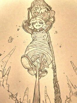 2girls absurdres artist_name bow bucket commentary_request dress hair_bobbles hair_bow hair_ornament highres in_bucket in_container japanese_clothes kimono kisume kurodani_yamame long_hair looking_at_viewer menotama multiple_girls open_mouth shoes silk smile socks touhou traditional_media twitter_username upside-down wooden_bucket