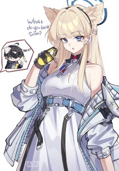 Rule 34 | 1girl, absurdres, akanora, arknights, arknights: endfield, bare shoulders, black gloves, black hairband, blonde hair, blue archive, blue eyes, blue halo, collared dress, commentary, contrast collar, cosplay, dress, earrings, endministrator (arknights), english text, gloves, hair intakes, hairband, halo, hand in own hair, highres, jacket, jewelry, long hair, male endministrator (arknights), off shoulder, open mouth, perlica (arknights), perlica (arknights) (cosplay), simple background, sleeveless, sleeveless dress, solo, sparkle, toki (blue archive), twitter username, watermark, white background, white dress, white jacket, yellow gloves
