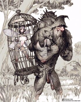 1boy 1girl artist_name beard behind_bars breasts breasts_apart cage chain commentary completely_nude crying dead_animal english_commentary facial_hair fairy fairy_wings grass holding_bars in_cage large_breasts looking_at_another muscular muscular_male navel nipples nude original outdoors penis pig sabu_(sabudenego) streaming_tears subscribestar_username tears testicles tree watermark web_address wings