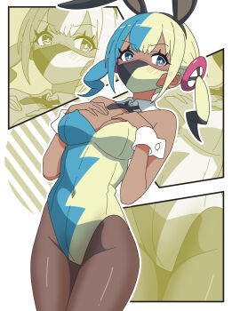 1girl alternate_costume animal_ears aqua_hair bare_shoulders black_bow black_hairband black_mask black_pantyhose blonde_hair blue_eyes blue_leotard bow breasts canari_(pokemon) covered_navel dark-skinned_female dark_skin detached_collar fake_animal_ears hairband highres kanbei_(pixiv11037490) leotard looking_at_viewer mask medium_breasts mouth_mask multicolored_hair nintendo pantyhose playboy_bunny pokemon pokemon_legends:_z-a rabbit_ears short_twintails split-color_clothes split-color_hair twintails two-tone_hair two-tone_mask white_wrist_cuffs wrist_cuffs yellow_leotard yellow_mask