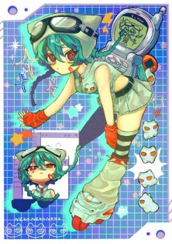 1girl 9_ron23 animal_hat arm_warmers artist_name bandaid bandaid_on_face belt bent_over black_thighhighs blue_background border braid breasts cat cat_hat cellphone commentary flip_phone goggles goggles_on_headwear green_hair grey_hat grey_leotard grey_skirt grid_background hat leg_warmers leotard lightning_bolt_symbol long_hair mac_os miniskirt multicolored_thighhighs original phone red_arm_warmers red_eyes roller_skates skates skirt small_breasts sparkle spiked_legwear star_(symbol) striped_clothes striped_thighhighs symbol-only_commentary thighhighs twin_braids two-tone_thighhighs white_border white_leg_warmers white_thighhighs window_(computing) zipper zipper_leotard