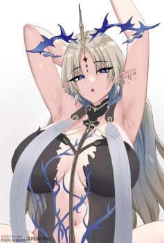 Rule 34 | 1girl, absurdres, amai-pai, armpits, arms behind head, arms up, black collar, black dress, blonde hair, blue eyes, blue hands, breasts, collar, commentary, crown of thorns, dress, earrings, facial mark, fleurdelys (wuthering waves), forehead mark, highres, horns, jewelry, large breasts, long horns, looking at viewer, navel, pointy ears, simple background, single horn, solo, spread legs, tabard, tacet mark (wuthering waves), white background, white tabard, wuthering waves