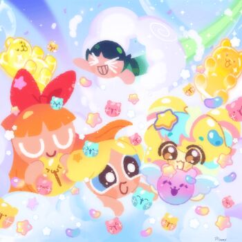 Rule 34 | > <, 1other, 3girls, black hair, blonde hair, blossom cookie, blue eyes, bow, brown eyes, bubbles cookie, buttercup cookie, commentary request, cookie run, dreamjelly cookie, frozen bear jelly, giant pink bear jelly, giant yellow bear jelly, hair bow, highres, multiple girls, orange hair, pink bear jelly, powerpuff girls, rainbow bear jelly, short hair, short twintails, sky, thai commentary, twintails, yellow bear jelly, yummybunny777