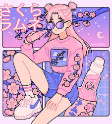 Rule 34 | 1girl, bottle, cherry blossom print, cherry blossoms, crescent moon, double bun, drink, emily kim, floral print, gradient background, gradient sky, grid background, hair bun, highres, holding, holding bottle, holding drink, knee up, limited palette, long sleeves, moon, original, paneled background, pastel colors, pink background, pink eyes, pink hair, pink sky, pink sweater, purple background, purple shorts, purple sky, round eyewear, shorts, sitting, sky, socks, sparkle, star (sky), striped clothes, striped socks, sunglasses, sweater, twitter username, white socks
