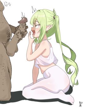 1boy 1girl anger_vein blue_archive blush camisole chergozi clothed_female_nude_male crop_top earrings elf erection fat fat_man from_side green_hair hetero jewelry loli long_hair male_masturbation male_pubic_hair masturbation nozomi_(blue_archive) nude open_mouth pantyhose penis penis_awe pointy_ears pubic_hair simple_background sitting solo_focus testicles twintails uncensored wariza white_background white_camisole white_pantyhose yellow_eyes