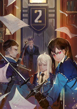 Rule 34 | 2boys, 2girls, angry, anupatten, black hair, blonde hair, blue jacket, closed eyes, flying paper, gloves, grey hair, highres, holding, holding sword, holding weapon, isadora (project moon), jacket, julia (project moon), library of ruina, multicolored hair, multiple boys, multiple girls, necktie, paper, pink eyes, project moon, san (project moon), scowl, sword, sword on back, twintails, walter (project moon), weapon, weapon on back, zwei association south uniform, zweihander