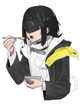 Rule 34 | 1girl, arknights, arknights: endfield, black coat, blindfold mask, bowl, coat, commentary, cropped torso, eating, endministrator (arknights), female endministrator (arknights), highres, holding, holding bowl, karakr shin, long sleeves, mask, medium hair, open clothes, open coat, open mouth, sidelocks, simple background, solo, sweater, teeth, turtleneck, turtleneck sweater, white background, white sweater