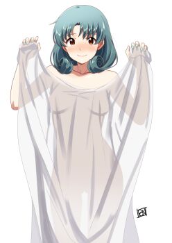 Rule 34 | 1girl, bed sheet, blush, breasts, closed mouth, commentary request, completely nude, cowboy shot, fingernails, gluteal fold, green hair, green nails, highres, holding, holding sheet, idolmaster, idolmaster million live!, looking at viewer, medium hair, nail polish, naked sheet, nude, ponpon, simple background, smile, solo, standing, tokugawa matsuri, white background