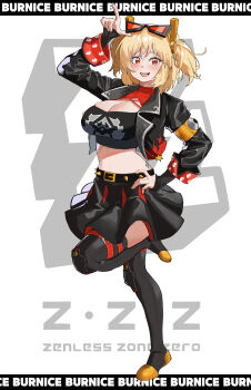 1girl :d absurdres arm_up black_jacket black_skirt blonde_hair breasts burnice_white character_name cleavage copyright_name crop_top eyewear_on_head hand_on_own_hip highres jacket jyc061010_v large_breasts long_sleeves looking_at_viewer midriff miniskirt open_clothes open_jacket open_mouth pleated_skirt red_eyes short_hair skirt smile solo standing standing_on_one_leg stomach sunglasses two_side_up white_background zenless_zone_zero