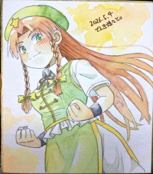 Rule 34 | 1girl, blush, bow, braid, brown ribbon, clenched hands, closed mouth, collared shirt, commentary request, cowboy shot, dated, green bow, green eyes, green hat, green skirt, green vest, hair bow, hat, hat ornament, highres, hijiki (hijiri st), hong meiling, long hair, looking at viewer, neck ribbon, pants, pants under skirt, red hair, ribbon, shikishi, shirt, short sleeves, side slit, skirt, smile, solo, star (symbol), star hat ornament, touhou, traditional media, translation request, twin braids, very long hair, vest, white pants, white shirt