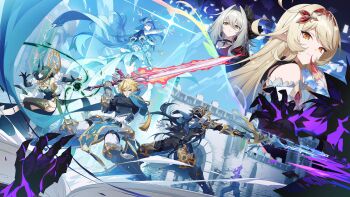 Rule 34 | 2boys, 4girls, absurdres, alice (genshin impact), bare shoulders, blonde hair, capitano (genshin impact), closed mouth, commentary, english commentary, floating hair, genshin impact, green eyes, green hair, grey hair, hair between eyes, hair ornament, highres, horns, hoyofair, kuikui, lauma (genshin impact), long hair, looking at viewer, multiple boys, multiple girls, nefer (genshin impact), parted lips, pointy ears, red eyes, ronova (genshin impact), smile, varka (genshin impact), very long hair, yellow eyes