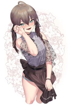 Rule 34 | 1girl, absurdres, ahoge, belt, black belt, black choker, black ribbon, blush, bow, skirt bow, brown hair, brown skirt, choker, clothes lift, clothing cutout, collared shirt, cropped legs, drill hair, eredhen, green eyes, grey shirt, hair between eyes, hair ribbon, highres, hololive, lace, lace-trimmed collar, lace sleeves, lace trim, looking at viewer, natsuiro matsuri, natsuiro matsuri (casual), nose blush, official alternate costume, open mouth, panties, plaid clothes, plaid shirt, ribbon, see-through clothes, see-through sleeves, shirt, shoulder cutout, skirt, skirt lift, smile, solo, striped clothes, striped panties, thighs, twin drills, twintails, underwear, virtual youtuber, watch, wristwatch