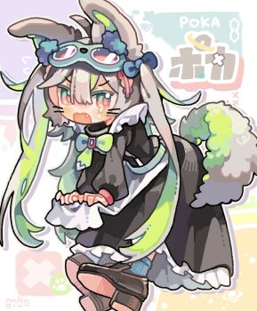 1girl animal_ears apron black_dress blue_socks blush_stickers bow bowtie brown_shoes character_name commentary double-parted_bangs dress drop_shadow fang fox_ears fox_girl fox_tail frilled_dress frills full_body green_bow green_bowtie green_hair grey_hair hair_between_eyes highres long_hair long_sleeves looking_at_viewer maid multicolored_hair open_mouth original outline red_eyes shoes signature socks solo standing tabunnanhun tail teardrop twintails two-tone_hair v-shaped_eyebrows white_apron white_outline