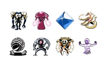 Rule 34 | 1girl, 6+others, angel (evangelion), animal print, armor, blue gem, clawed boots, commentary, crucifixion, crystal, english commentary, extra eyes, facing viewer, full body, gaghiel (evangelion), gem, highres, israfel (evangelion), leliel (evangelion), lilith (evangelion), looking at viewer, mask, multiple heads, multiple others, neon genesis evangelion, nintendo, no humans, open mouth, parody, pixel art, pokemon, pokemon gsc (style), ramiel (evangelion), ribs, sachiel (evangelion), shamshel (evangelion), sharp teeth, shoulder armor, simple background, sindorman, skull mask, spiked elbow pads, standing, style parody, tail, teeth, tentacles, torso only, white background, yin yang, zebra print, zeruel (evangelion)