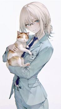 Rule 34 | 1girl, absurdres, alva (girls' frontline 2), an-94 (antje) (girls' frontline), an-94 (girls' frontline), animal, aqua jacket, aqua pants, aqua suit, blonde hair, blue eyes, blue necktie, cat, collared shirt, commentary request, cowboy shot, formal clothes, girls' frontline, girls' frontline 2: exilium, glasses, highres, holding, holding animal, jacket, long sleeves, looking at viewer, medium hair, necktie, official alternate costume, pants, renoahh, shirt, simple background, smile, solo, suit, white background, white shirt