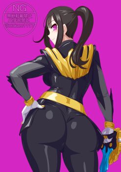 Rule 34 | 1girl, absurdres, ass, bodysuit, brown hair, highres, ichikawa sumino, no.1 sentai gozyuger, no headwear, otokamu, pin up, pink eyes, solo, super sentai