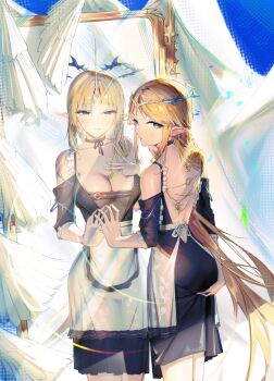 2girls :q absurdres alternate_costume ass backless_dress backless_outfit bare_shoulders black_dress blonde_hair blue_eyes breasts cartethyia_(wuthering_waves) chinese_commentary commentary_request cowboy_shot crown_of_thorns different_reflection dress dual_persona fleurdelys_(wuthering_waves) flirting hand_on_mirror highres horns large_breasts long_hair looking_at_viewer median_furrow multiple_girls pointy_ears reflection single_horn sydiiiiiii tacet_mark_(wuthering_waves) tongue tongue_out very_long_hair wuthering_waves yellow_horns