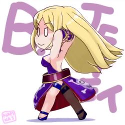 1girl animated armpits arms_behind_head b._jenet blonde_hair chibi dress fatal_fury fatal_fury:_city_of_the_wolves feet from_side high_heels legs long_hair namikai_harukaze purple_dress smile snk solo source_request tagme the_king_of_fighters thighs tizoc_(snk) video walking white_eyes