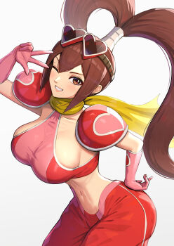 1girl breasts brown_eyes brown_hair f-zero f-zero_gx gonzarez hand_on_own_hip highres large_breasts legs looking_at_viewer midriff navel nintendo one_eye_closed princia_ramode sideboob smile solo thighs twintails v wink