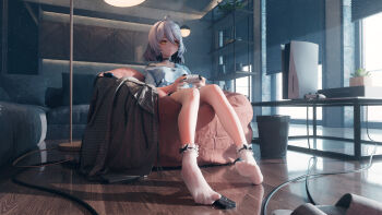 1girl absurdres acacia_(snowbreak) ahoge black_choker cable choker closed_mouth commentary_request controller couch feet foot_focus frilled_socks frills full_body game_console game_controller grey_hair hair_between_eyes highres holding holding_controller holding_game_controller indoors legs looking_at_viewer medium_hair mr_ito no_shoes off-shoulder_shirt off_shoulder on_couch plant playing_games playstation_5 playstation_controller potted_plant see-through_clothes see-through_legwear shirt short_sleeves sitting snowbreak:_containment_zone socks soles solo table television toes trash_can white_socks window wooden_floor yellow_eyes