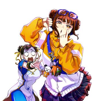 2girls absurdres bag_charm blank_eyes blanka-chan blue-framed_eyewear bracelet breasts brown_eyes brown_hair capcom charm_(object) china_dress chinese_clothes chun-li dapenpan double_bun dress eyelid_pull fourth_wall gold_trim hair_bun hair_ribbon headphones highres jacket jewelry li-fen multiple_girls open_mouth pelvic_curtain plaid_clothes plaid_skirt pleated_skirt ribbon short_hair side_slit skirt street_fighter street_fighter_6 surprised taunting thumbs_down white_background worried yellow_ribbon