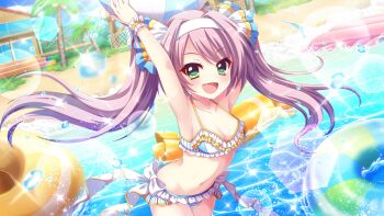 1girl :d armpits arms_up beach beach_house bikini blue_bikini blue_sky bow breasts cleavage cloud coconut_tree collarbone cowboy_shot day dot_nose dutch_angle fang film_grain frilled_bikini frills game_cg green_eyes hair_intakes hairband innertube izumi_tsubasu lens_flare long_hair looking_at_viewer misaki_sango multicolored_bikini navel non-circular_lens_flare non-web_source official_art open_mouth outdoors palm_tree purple_hair re:stage! side-tie_bikini_bottom sky small_breasts smile solo sparkle swim_ring swimsuit tree twintails two-tone_bikini wading white_bikini white_bow white_hairband