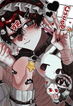 1boy :3 @_@ aegyo_sal black_eyes black_hair black_nails blush chibi chibi_inset clenched_hand commentary_request crossed_bangs double-parted_bangs english_text fang hair_between_eyes hand_up headdress highres holding holding_stuffed_toy hosikage4040 leg_belt looking_at_viewer male_focus original rabbit scar scar_on_arm self-harm short_hair socks solo stuffed_animal stuffed_toy translation_request v white_socks wrist_cutting