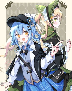 2girls absurdres bag bird_hat_ornament black_bow black_bowtie black_capelet black_dress blue_dress blue_hair bonnet bow bowtie braid braided_hair_rings capelet closed_mouth commentary_request dress flower flower_ornament frilled_dress frilled_sleeves frills gothic_lolita green_dress green_eyes hair_rings highres lolita_fashion long_hair magical_girl mahou_shoujo_no_majo_saiban messenger_bag multiple_girls open_mouth rose short_hair shoulder_bag smile tachibana_sherry tono_hanna too_many two-tone_dress usetsusakon2 very_long_hair watermark white_flower white_rose yellow_eyes yellow_flower yellow_rose
