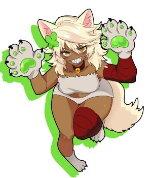 >:) 1girl :d @_@ animal_ear_fluff animal_ears animal_hands asymmetrical_legwear bandaged_arm bandaged_leg bandages bare_shoulders bell bikini blonde_hair blush breasts cleavage clover collar collarbone dark-skinned_female dark_skin dot_nose four-leaf_clover full_body fur_bikini gloves grey_bikini grin guilty_gear guilty_gear_strive hair_between_eyes highres jojcachu looking_at_viewer midriff navel neck_bell open_mouth paw_gloves paw_shoes ramlethal_valentine sharp_teeth sidelocks smile solo swimsuit tail teeth thighs v-shaped_eyebrows white_background wolf_ears wolf_girl wolf_tail yellow_eyes