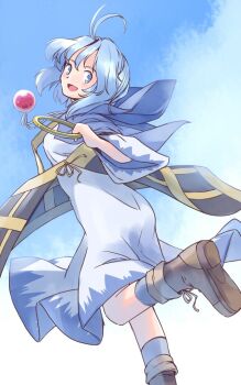 1girl antenna_hair blue_cloak blue_hair blue_sky boots brown_boots cloak commentary_request dress foot_out_of_frame from_behind gem grey_socks holding holding_jewelry holding_ring jewelry kumoi_ichirin leg_up looking_back medium_hair necklace one-hour_drawing_challenge rangycrow red_gemstone ring sideways_glance sky socks solo touhou white_dress