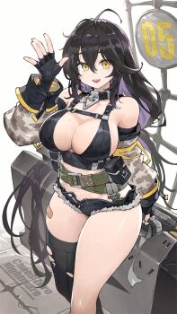 1girl ahoge bandaid_on_thigh bare_shoulders belt belt_pouch bikini bikini_top_only black_bikini black_collar black_gloves black_hair black_shorts black_thighhighs breasts camouflage_sleeves chaos_zero_nightmare chest_harness cleavage collar colored_inner_hair commentary cutoffs detached_sleeves english_commentary fingerless_gloves gloves hair_between_eyes hand_up harness highres holding jun_(navigavi) large_breasts long_hair long_sleeves looking_at_viewer maribell_(chaos_zero_nightmare) micro_shorts mole mole_on_breast mole_under_eye multicolored_hair official_art open_fly open_mouth pouch second-party_source shorts single_thighhigh smile solo standing swimsuit thighhighs thighs torn_clothes torn_thighhighs very_long_hair yellow_eyes