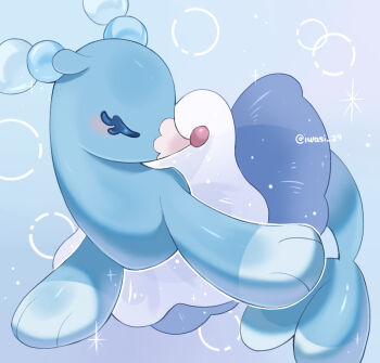 animal_focus artist_name blue_background brionne closed_eyes commentary_request eyelashes forked_tail gen_7_pokemon iwasi_29 nintendo no_humans pokemon pokemon_(creature) sea_lion snout tail twitter_username