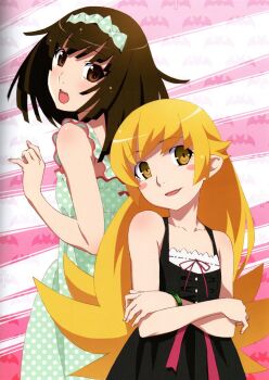 2girls bare_arms bat_background black_dress blonde_hair blunt_bangs blunt_ends blush_stickers bracelet brown_eyes brown_hair center_frills cross_background crossed_arms dress dress_ribbon elbow_blush fang fingernails flat_chest flipped_hair frills from_side gradient_background green_dress green_hairband hair_flaps hairband hand_up head_tilt height_difference highres jewelry light_blush long_hair medium_hair monogatari_(series) multiple_girls non-web_source official_art open_mouth oshino_shinobu patterned_background pink_background pinky_out pointy_ears polka_dot polka_dot_dress polka_dot_hairband red_trim ringed_eyes scan sengoku_nadeko shoulder_blush sidelocks sleeveless sleeveless_dress smile sundress surprised teeth upper_body upper_teeth_only v-neck very_long_hair white_background yellow_eyes