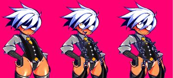 1girl :d black_chaps cameltoe chaps commentary_request dokata_(hamanan_doboku_kougyou) flat_chest hands_on_own_hips multiple_persona necktie open_mouth original pink_background sanpaku short_hair simple_background smile strap tan tanline vest white_hair