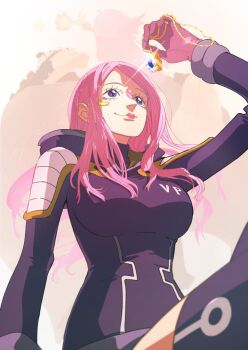 1girl anti-eyebrow_piercing artist_request bartholomew_kuma bodysuit eyelashes face_piercing glint gloves holding holding_pendant hood hooded_bodysuit jewelry jewelry_bonney long_hair long_sleeves mixed-language_commentary official_art one_piece pendant piercing pink_gloves pink_hair purple_eyes smile