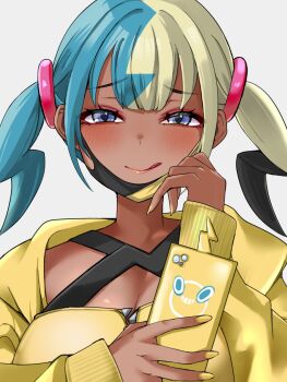 1girl bandeau blue_eyes breasts canari_(pokemon) cleavage closed_mouth commentary eyelashes gen_4_pokemon highres holding holding_phone jacket long_sleeves looking_at_viewer mask mask_pull midoridama mouth_mask multicolored_hair nail_polish nintendo open_clothes open_jacket phone pokemon pokemon_legends:_z-a raised_inner_eyebrows rotom rotom_phone short_twintails sleeves_past_wrists smile tongue tongue_out twintails upper_body yellow_bandeau yellow_jacket yellow_nails