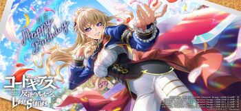 1girl blonde_hair breasts cleavage code_geass code_geass:_boukoku_no_akito code_geass:_lost_stories earrings highres jewelry leila_malcal official_art purple_eyes smile solo