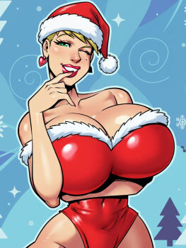 1girl bare_shoulders blonde_hair breasts christmas commentary earrings english_commentary fur-trimmed_headwear fur-trimmed_leotard fur_trim grey_hair hat heart heart_earrings huge_breasts jacogramc jewelry leotard looking_at_viewer lyza_(jacogram) one_eye_closed original red_hat red_leotard santa_hat santa_leotard short_hair solo strapless strapless_leotard