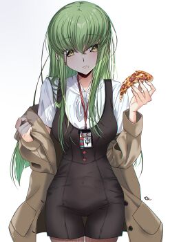 1girl :t absurdres black_dress blush breasts brown_jacket budgiepon c.c. character_name closed_mouth code_geass commentary covered_navel cowboy_shot dress eating eyes_visible_through_hair food food_on_face green_hair hair_between_eyes hair_over_shoulder hands_up highres holding holding_food holding_pizza id_card jacket jacket_partially_removed lips long_hair long_sleeves looking_at_viewer medium_breasts office_lady open_clothes open_jacket pizza pizza_slice shirt sidelocks simple_background sleeveless sleeveless_dress solo split_mouth straight-on straight_hair thigh_gap very_long_hair white_background white_shirt yellow_eyes